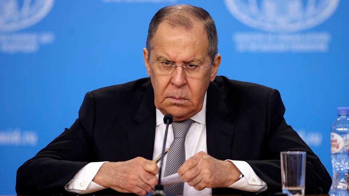 Russian FM Sergei Lavrov looks at a press conference on Russian diplomacy, Jan. 14, 2022. (AFP)