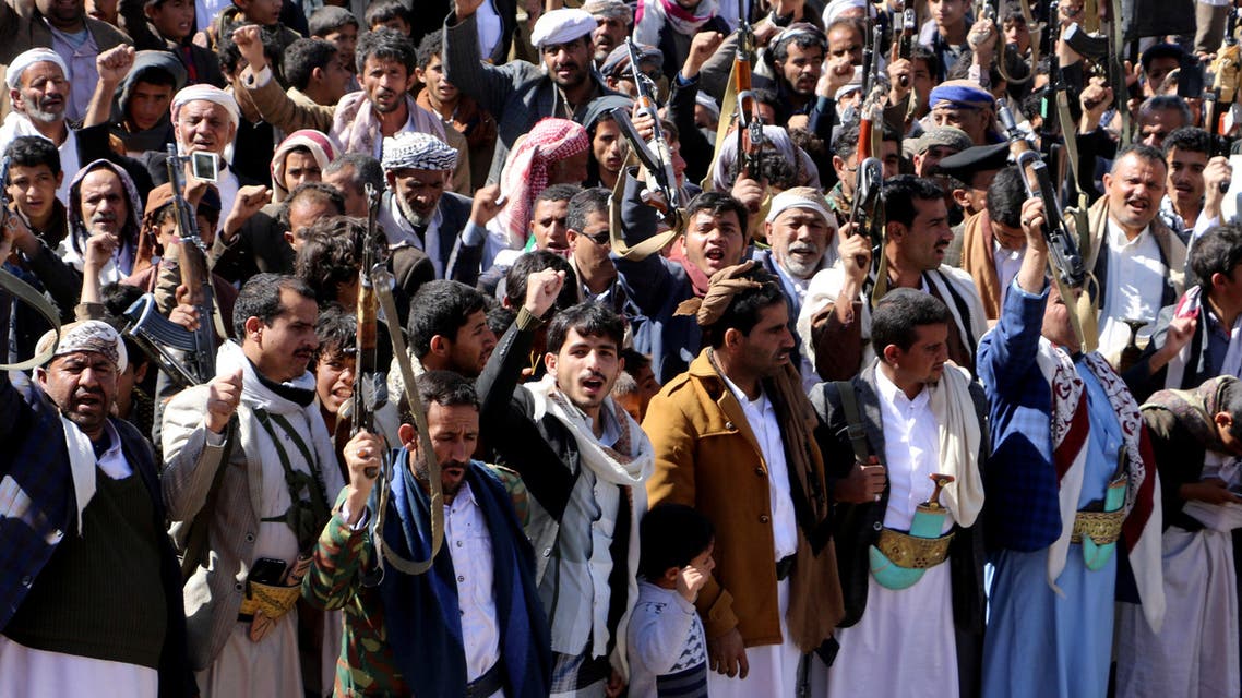 People shout slogans as they rally against the U.S. President Donald Trump's Middle East peace plan, in Saada, Yemen January 31, 2020. REUTERS/Naif Rahma