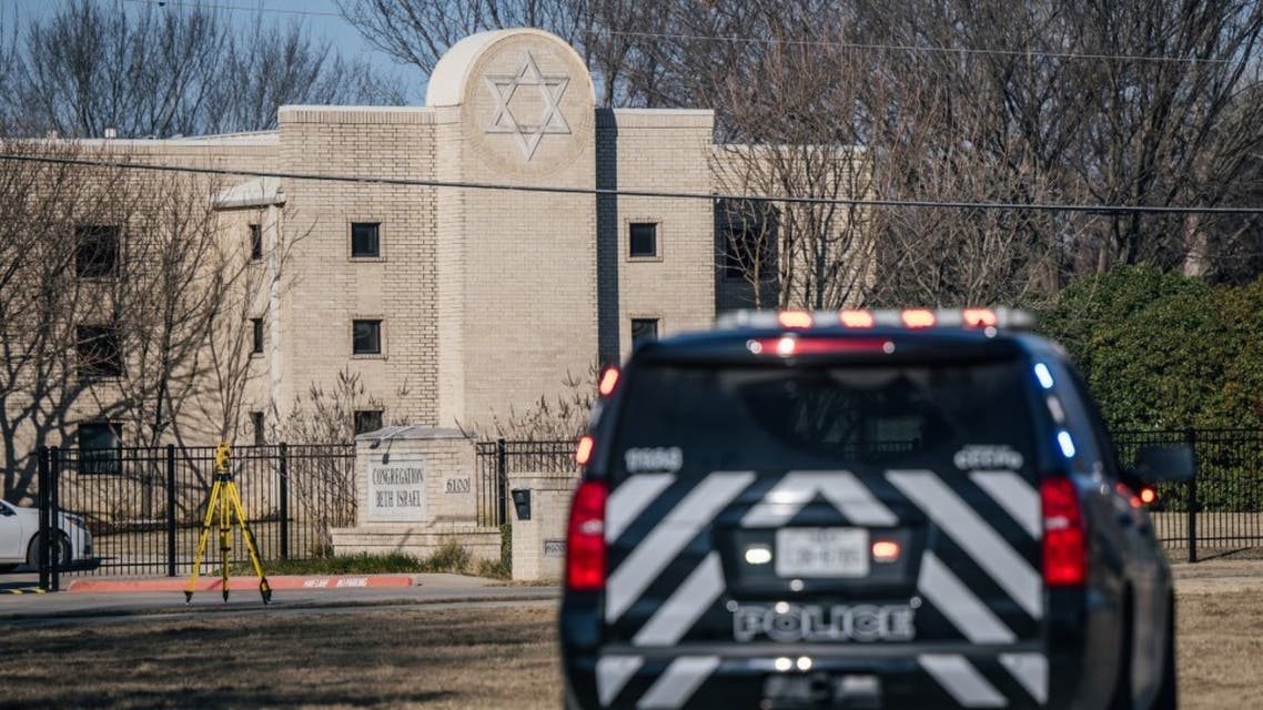 A law enforcement vehicle sits near the Congregation Beth Israel synagogue on January 16, 2022 in Colleyville, Texas. (AFP)