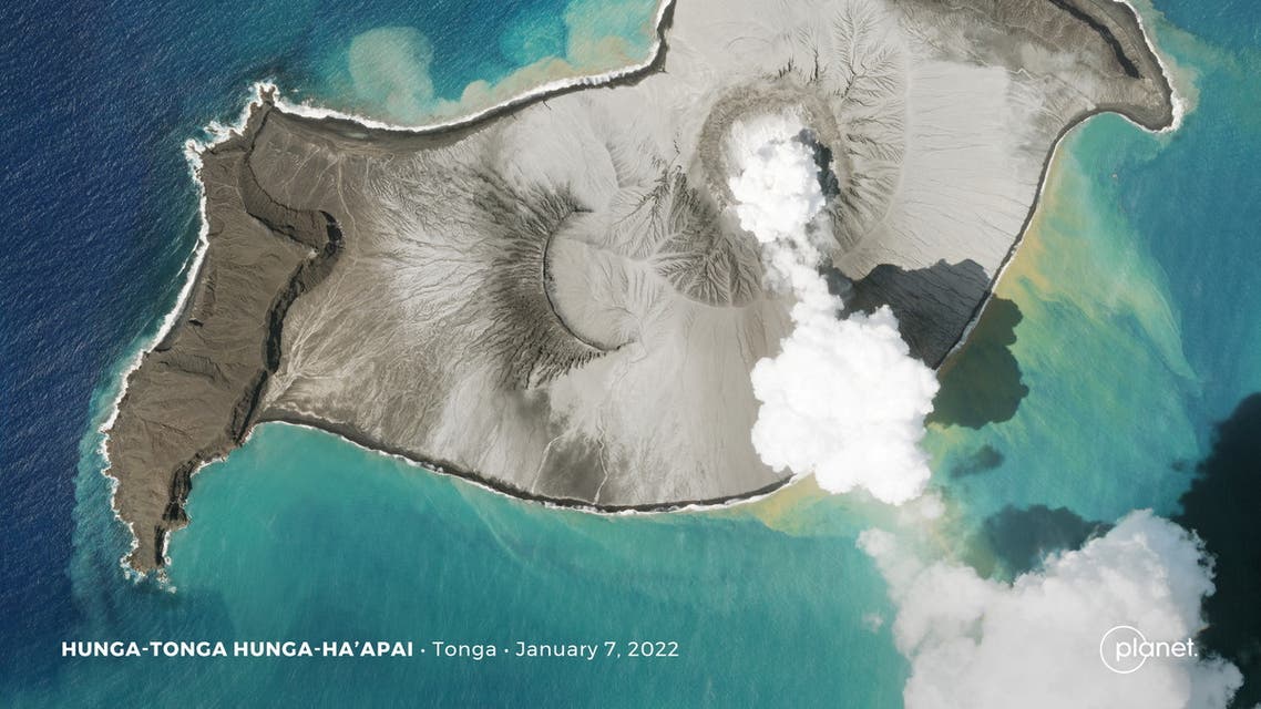 A Planet SkySat image shows a plume of smoke rising from the underwater volcano Hunga Tonga-Hunga Ha'apai days before its eruption on January 15, in Hunga Tonga-Hunga Ha'apai, Tonga, January 07, 2022. (Reuters)