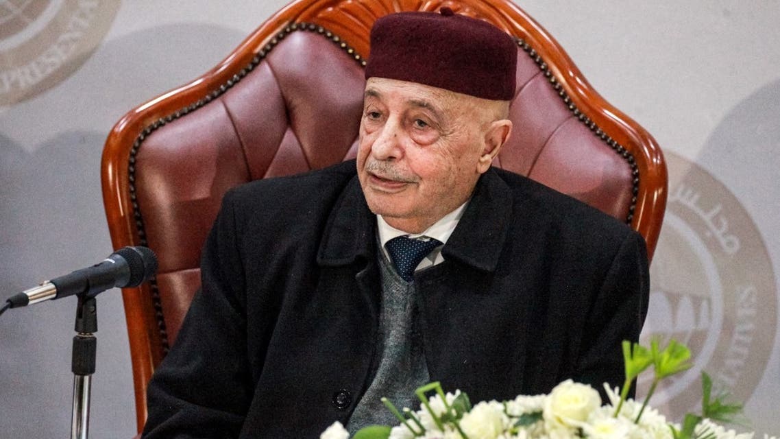 Aguila Saleh Issa, speaker of the Tobruk-based Libyan House of Representatives, meets with officials of the Benghazi-based administration in the eastern Libyan city on December 6, 2020. (AFP)