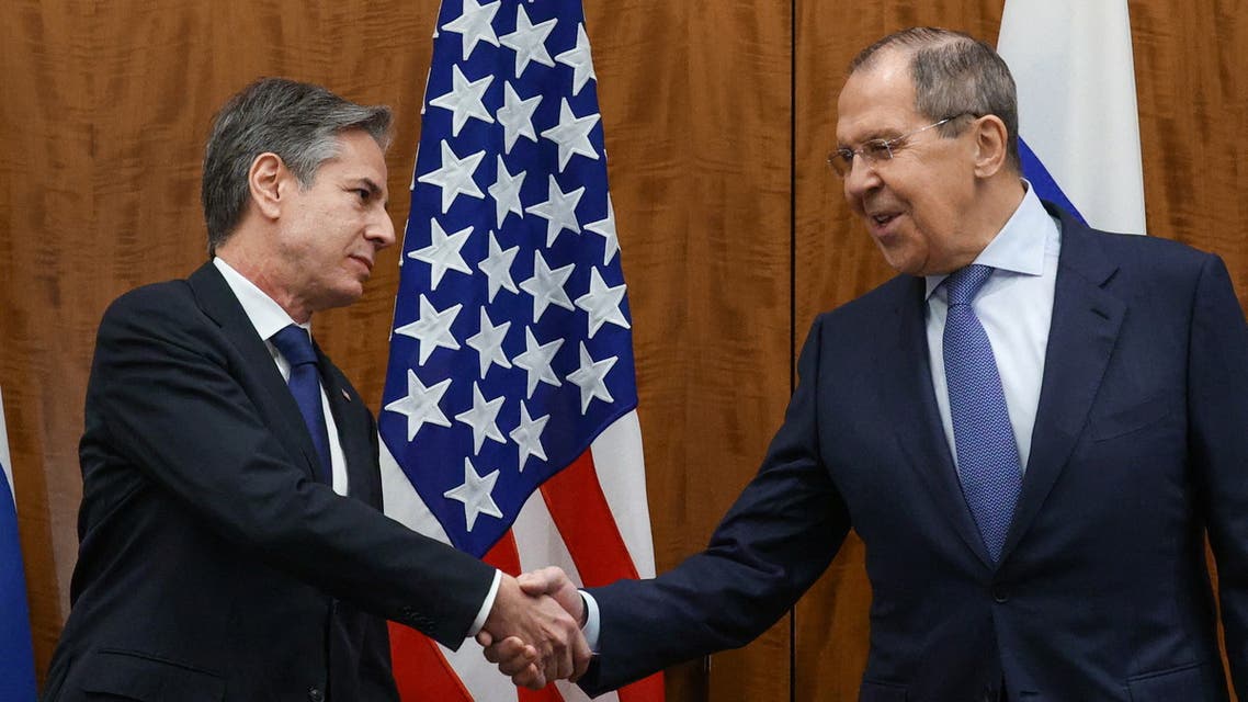 US Secretary of State Antony Blinken greets Russian Foreign Minister Sergei Lavrov before their meeting, in Geneva, Switzerland, January 21, 2022. (Reuters)