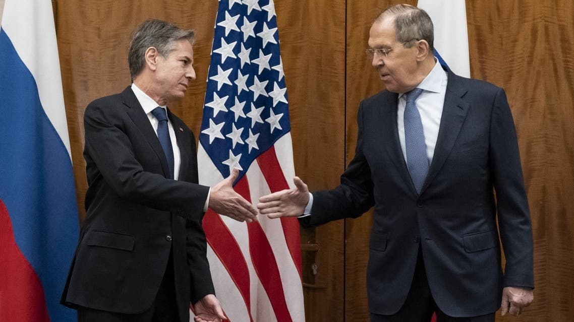 US Secretary of State Antony Blinken (L) greets Russian Foreign Minister Sergey Lavrov before their meeting, in Geneva, on January 21, 2022. (AFP)