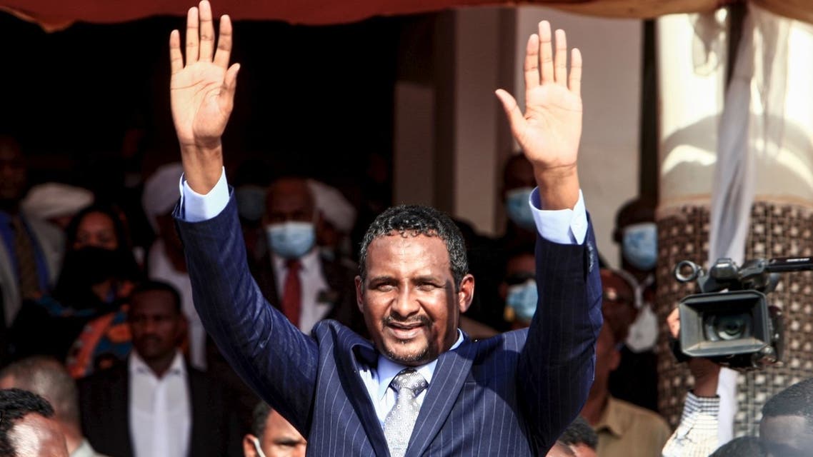 Mohamed Hamdan Daglo Hemeti, waves his hands during a reception ceremony in the capital Khartoum on October 8, 2020. (AFP)