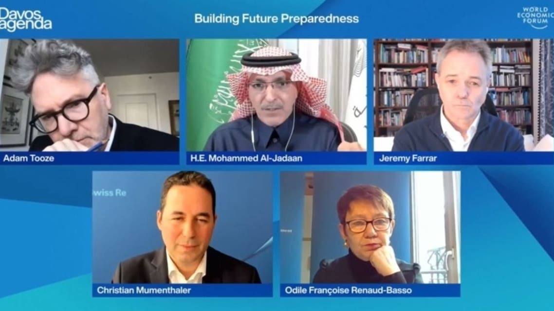 Saudi Arabia Finance Minister Al-Jadaan during his participation in the virtual panel discussion organized by the World Economic Forum, Davos Agenda under the title: Building Future Preparedness, January 21, 2022. (SPA)