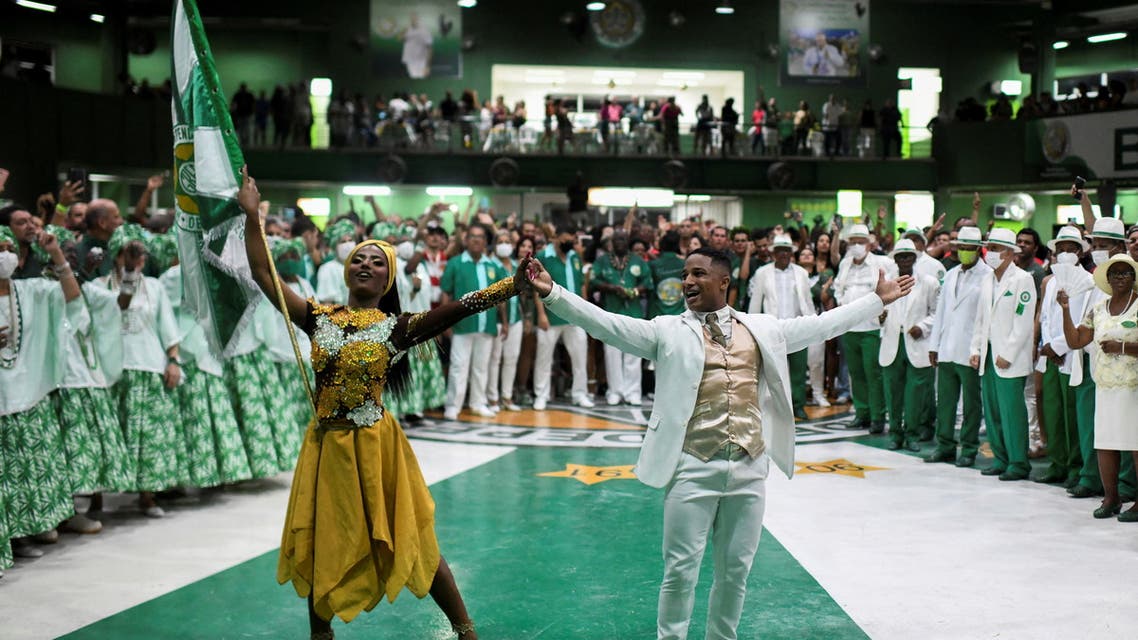 Members of the Mocidade samba school attend a rehearsal amid the outbreak of the coronavirus disease (COVID-19), before the carnival parade in Rio de Janeiro, Brazil, January 16, 2022. (Reuters)
