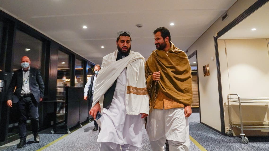 Representatives of the Taliban walk at the Soria Moria hotel where they will take part in talks with Western representatives about human rights and emergency aid, in Oslo, Norway January 23, 2022. NTB/Torstein Boe via REUTERS ATTENTION EDITORS - THIS IMAGE WAS PROVIDED BY A THIRD PARTY. NORWAY OUT. NO COMMERCIAL OR EDITORIAL SALES IN NORWAY.
