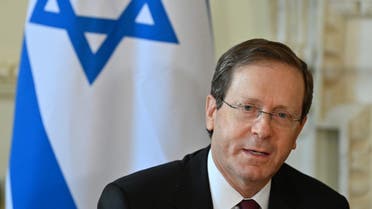 Israeli President Isaac Herzog meets with the British prime minister (not seen) inside Number 10 Downing Street in central London on November 23, 2021 during his three-day visit. (AFP)
