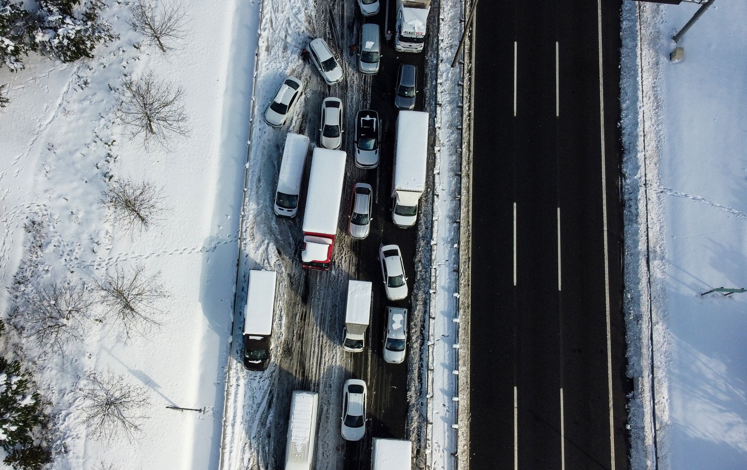 General view of vehicles stuck on a highway following a heavy snowfall in Istanbul, Turkey January 25, 2022. (Reuters)