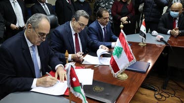 Heads of Lebanon, Jordan and Syria’s state-run power companies sign a deal in Beirut, Jan. 26, 2022. (AFP)