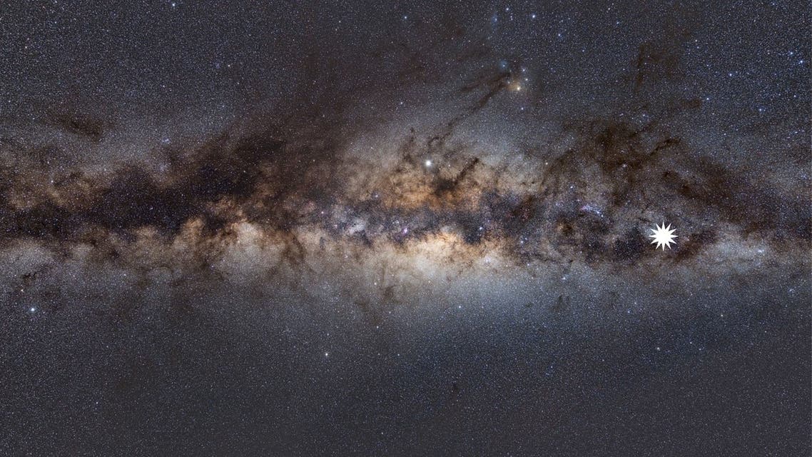 This undated handout image provided on January 26, 2022 by astrophysicist Natasha Hurley-Walker from the Curtin University node of the International Centre for Radio Astronomy Research (ICRAR) shows the Milky Way as viewed from Earth, with a star icon (at R-placed by source) marking the position of a mysterious repeating transient in space. Australian researchers have discovered a strange spinning object in the Milky Way they say is unlike anything astronomers have ever seen. (Photo by Natasha Hurley-Walker / various sources / AFP) / EDITORS NOTE: STAR MARKING AT R IN IMAGE WAS PLACE BY SOURCE -----EDITORS NOTE --- RESTRICTED TO EDITORIAL USE - MANDATORY CREDIT AFP PHOTO / ICRAR / CURTIN / NATASHA HURLEY-WALKER - NO MARKETING - NO ADVERTISING CAMPAIGNS - DISTRIBUTED AS A SERVICE TO CLIENTS - EDITORS NOTE: Star marking at R in image was place by source -----EDITORS NOTE --- RESTRICTED TO EDITORIAL USE - MANDATORY CREDIT AFP PHOTO / ICRAR / Curtin / Natasha Hurley-Walker - NO MARKETING - NO ADVERTISING CAMPAIGNS - DISTRIBUTED AS A SERVICE TO CLIENTS