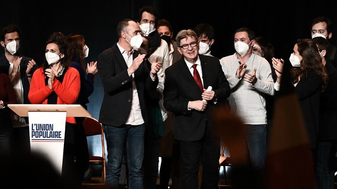 French leftist movement La France Insoumise (LFI) party's leader, MP and candidate for the 2022 French presidential election Jean-Luc Melenchon reacts as the audience applauds after he delivered a speech during a campaign meeting at the Femina theatre in Bordeaux, on January 24, 2022. (AFP)