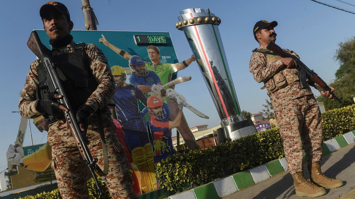 Paramilitary soldiers stand guard outside the National Cricket Stadium in Karachi on January 26, 2022, ahead of the Pakistan Super League (PSL) T20 cricket match between the Karachi Kings and Multan Sultans. (AFP)