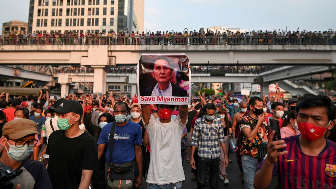 Demonstrators protest against the military coup and demand the release of elected leader Aung San Suu Kyi, in Yangon, Myanmar, February 6, 2021. (Reuters)