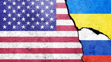 Flags of United States of America, Ukraine and Russia painted on the concrete wall stock photo
