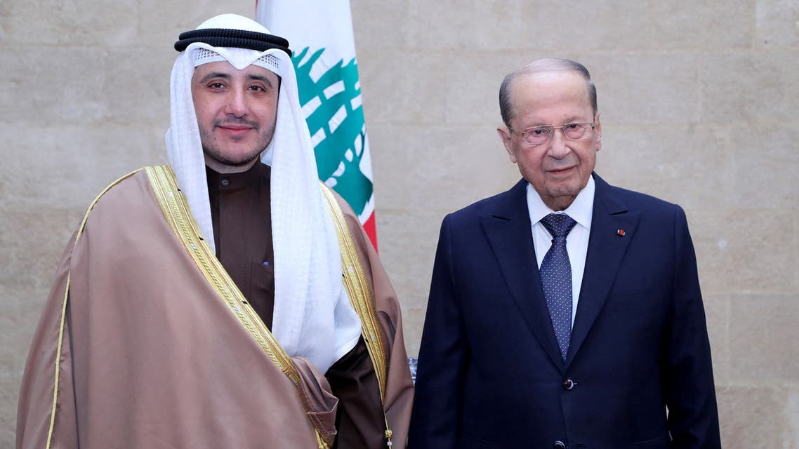 Lebanon's President Michel Aoun meets with Kuwait's Foreign Minister Sheikh Ahmad Nasser Al-Mohammad Al-Sabah at the presidential palace in Baabda, Lebanon January 23, 2022. (AFP)