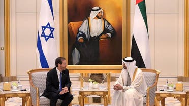 Abu Dhabi’s Crown Prince Sheikh Mohammed bin Zayed Al-Nahyan (R) meeting with Israel’s President Isaac Herzog (L) in the UAE capital Abu Dhabi on January 30, 2022. (AFP)