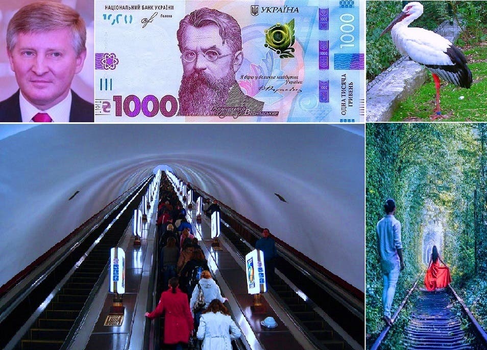 طائر سيكونيا، وعملة فئة 1000 هريفنيا، تعادل 35 دولارا، وصورة لأغنى أوكراني، اضافة لنفق الحب، وأعمق محطة مترو