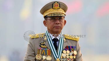 Myanmar's junta chief Senior General Min Aung Hlaing, who ousted the elected government in a coup on February 1, 2021, presides at an army parade on Armed Forces Day in Naypyitaw, Myanmar, March 27, 2021. (Reuters)