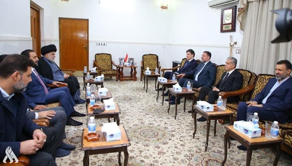 Al-Sadr’s meeting with Nechirvan Barzani and Al-Halbousi in Al-Hanana in Najaf (Iraqi News Agency)