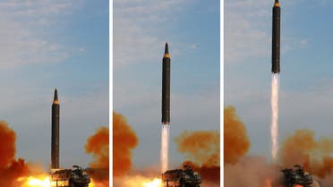 This undated combination picture released from North Korea's official Korean Central News Agency (KCNA) on September 16, 2017 shows a launching drill of the medium-and-long range strategic ballistic rocket Hwasong-12 at an undisclosed location. (AFP)