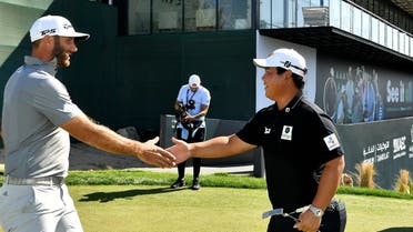 Playing partners Dustin Johnson and Joohyung Kim signed for identical 65s at the Saudi International Golf tournament on February 3, 2022. (Twitter)