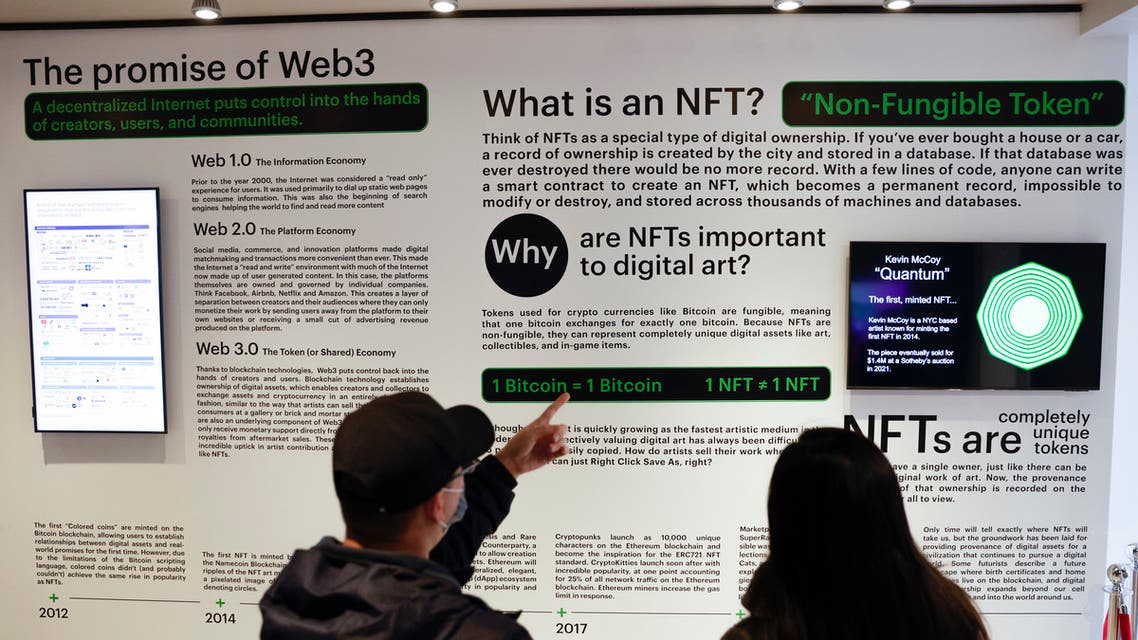 Visitors read about Non-Fungible Tokens, or NFTs, during the opening weekend of the Seattle NFT Museum in Seattle, Washington on January 29, 2022. (AFP)