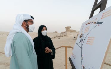 Sheikh Hamdan bin Zayed Al Nahyan being briefed about the fossil dunes site in Al Wathba. (WAM)