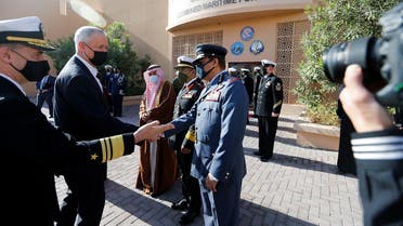 Israeli Defence Minister Benny Gantz arrives during his visit to 5th Fleet Headquarters Navy Base in Juffair, Bahrain, February 3, 2022. (Reuters)