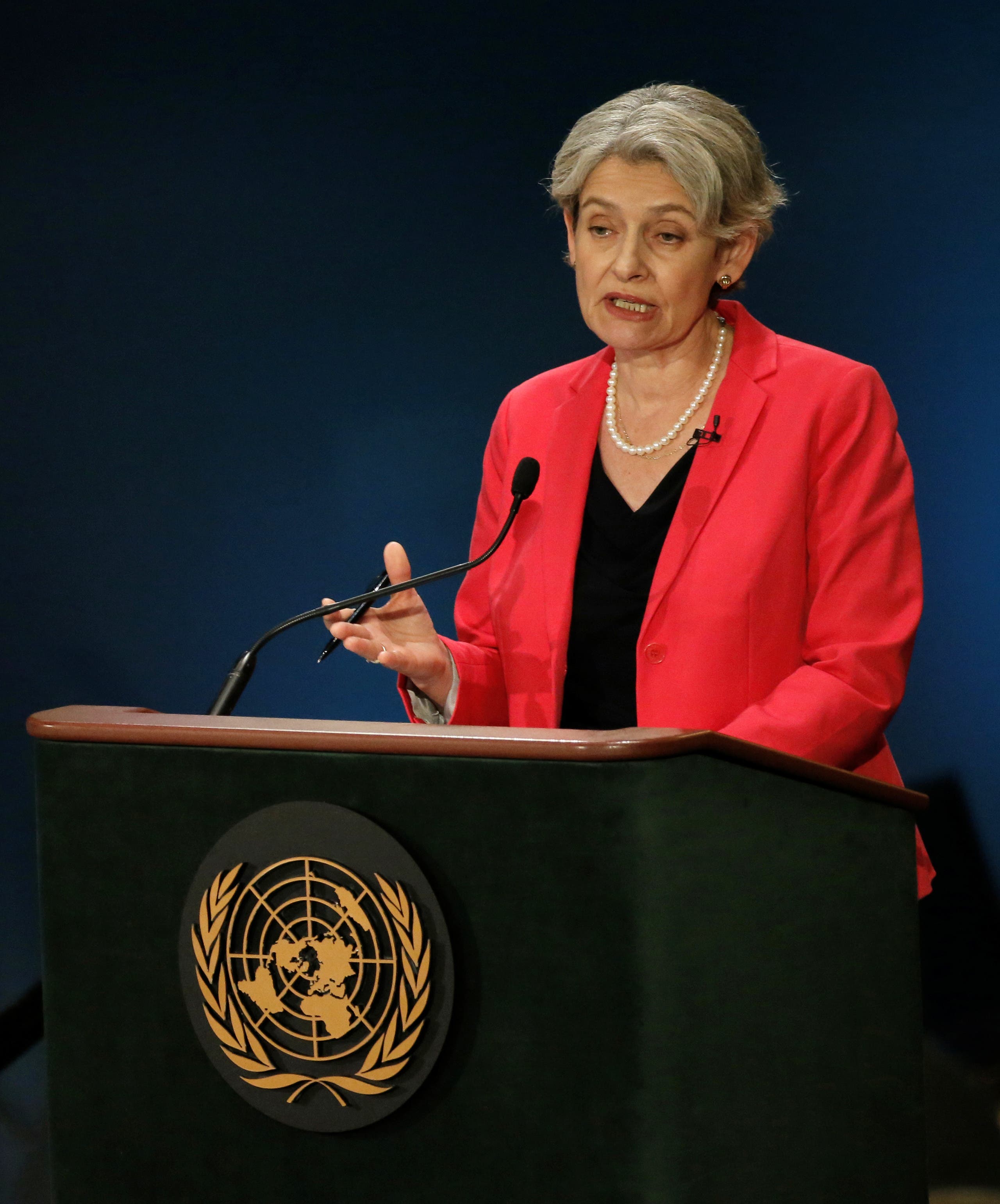 Former United Nations cultural organization UNESCO Director-General Irina Bokova of Bulgaria speaks during a debate in the United Nations General Assembly between candidates vying to be the next UN Secretary General at UN headquarters in Manhattan, New York, US, July 12, 2016. (File photo: Reuters)