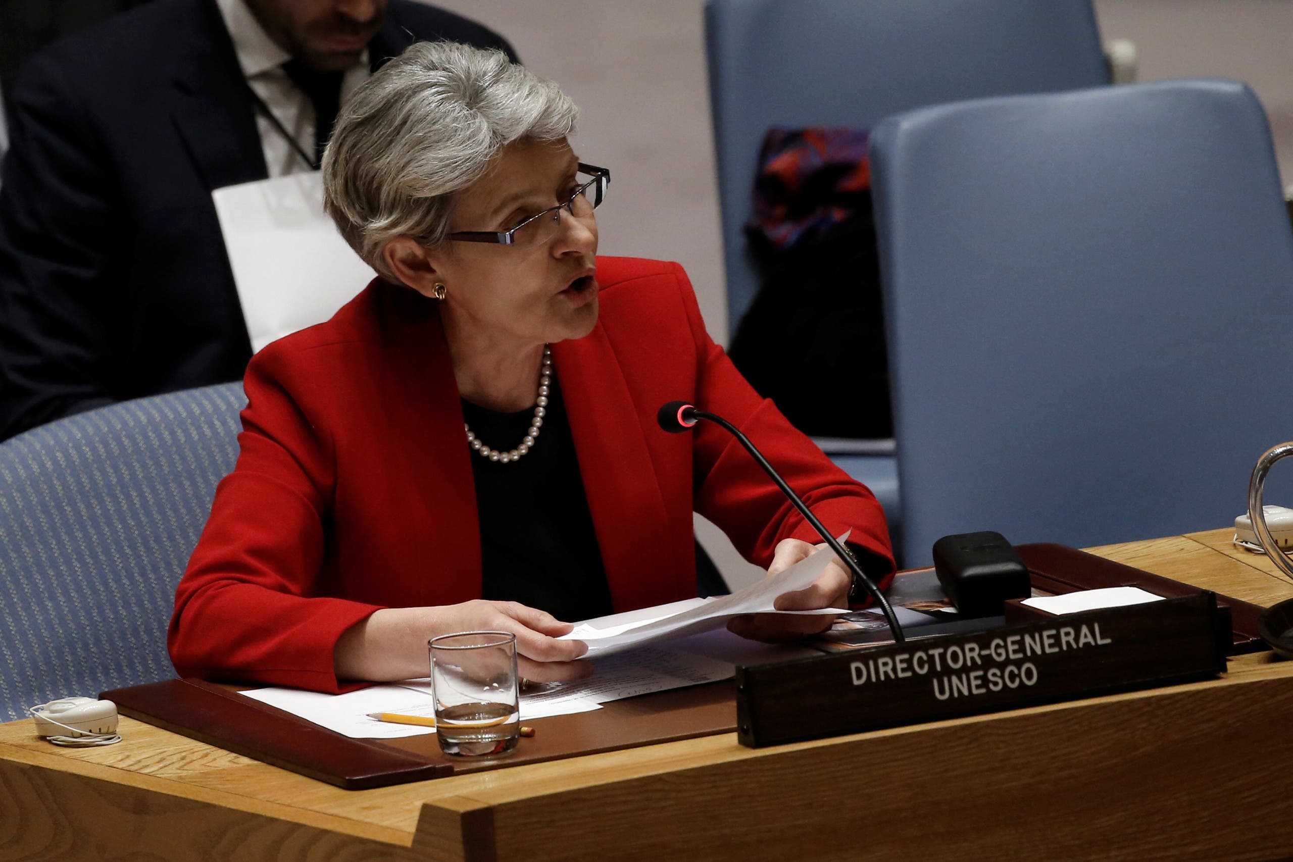 Irina Bokova, Director General of UNESCO, addresses the United Nations Security Council after the Council voted to adopt a resolution on the protection of cultural heritage in armed conflict at U.N. headquarters in New York City, New York, US, March 24, 2017. (File photo: Reuters)