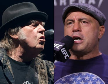 This combination of pictures created on January 25, 2022 shows singer Neil Young (L) performing in Quebec City on July 7, 2018 during the 2018 Festival d'Ete; and Joe Rogan speaking at the UFC 269 ceremonial weigh-in at MGM Grand Garden Arena on December 10, 2021, in Las Vegas, Nevada. (AFP)