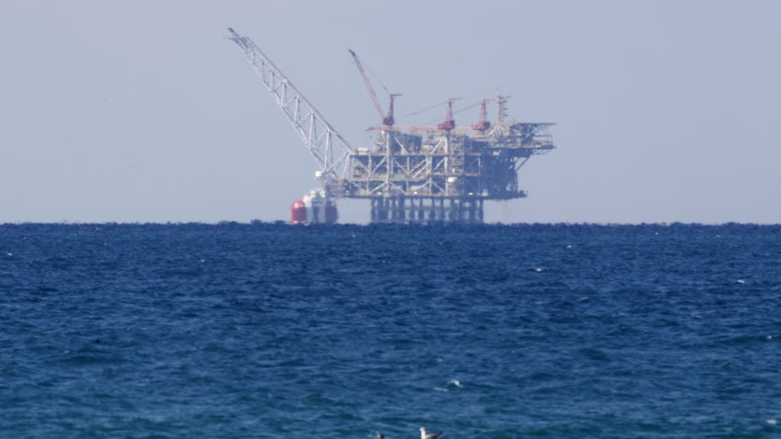 A view of the platform of the Leviathan natural gas field in the Mediterranean Sea is pictured from the Israeli northern coastal city of Caesarea on January 25, 2022. (AFP)