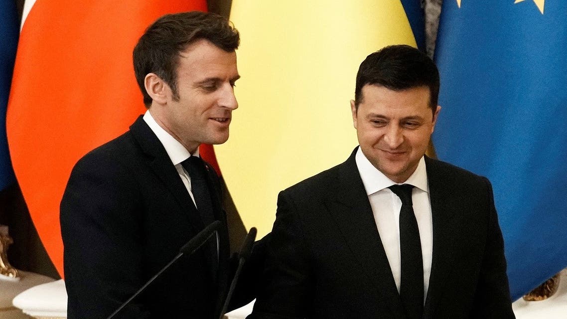 French President Emmanuel Macron and Ukrainian President Volodymyr Zelenskiy hold a joint news conference in Kyiv, Ukraine, on  February 8, 2022.  (Reuters)