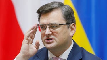 Ukrainian Foreign Minister Dmytro Kuleba attends a news briefing following talks with his counterparts from the Czech Republic, Slovakia and Austria in Kyiv, Ukraine, on February 8, 2022. (Reuters)