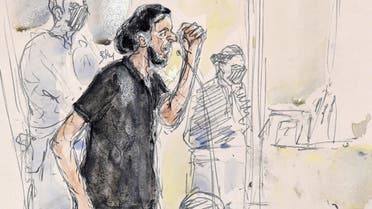 This court-sketch made on September 8, 2021 shows Salah Abdeslam, the last surviving member of the jihadist cell of the November 13, 2015 Paris attacks. (Benoit Peyrucq/AFP)