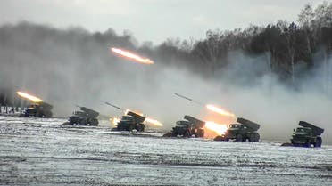 This handout video grab taken and released by the Russian Defence Ministry on February 2, 2022 shows tanks on a field during joint exercises of the armed forces of Russia and Belarus as part of an inspection of the Union State's Response Force, at a firing range in Belarus. Russian Defence Minister Sergei Shoigu arrived in Belarus on February 3, 2022 for talks with strongman leader Alexander Lukashenko and troop inspections ahead of the joint drills with Belarus later this month. (Photo by Handout / Russian Defence Ministry / AFP) / RESTRICTED TO EDITORIAL USE - MANDATORY CREDIT AFP PHOTO/ RUSSIAN DEFENCE MINISTRY - NO MARKETING - NO ADVERTISING CAMPAIGNS - DISTRIBUTED AS A SERVICE TO CLIENTS - RESTRICTED TO EDITORIAL USE - MANDATORY CREDIT AFP PHOTO/ RUSSIAN DEFENCE MINISTRY - NO MARKETING - NO ADVERTISING CAMPAIGNS - DISTRIBUTED AS A SERVICE TO CLIENTS