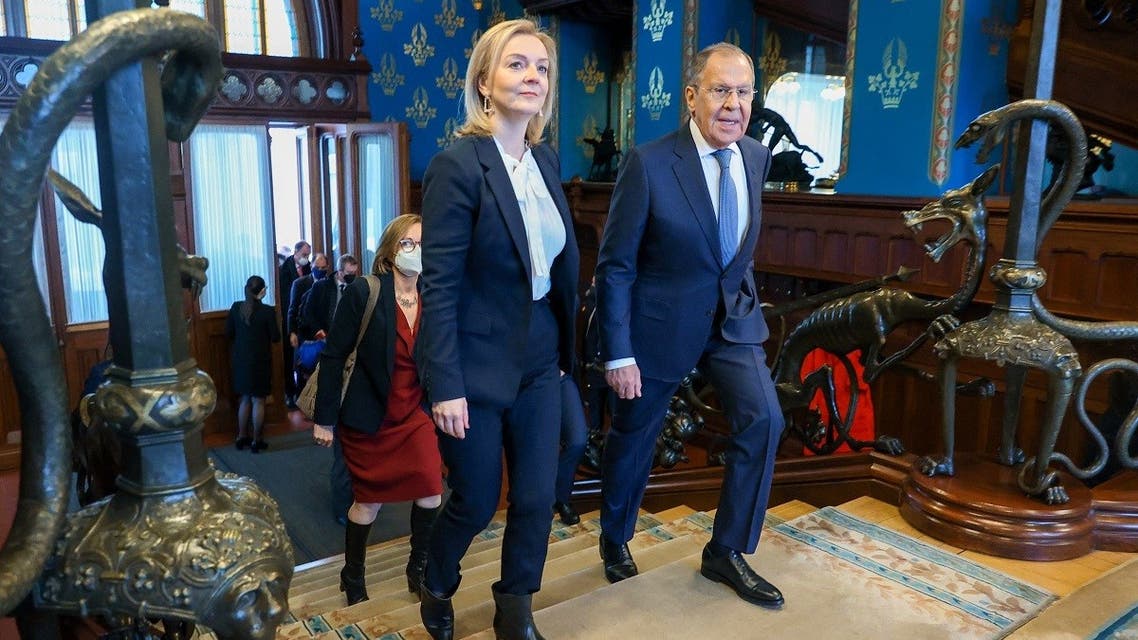 Russian Foreign Minister Sergei Lavrov and British Foreign Secretary Liz Truss walk during a meeting in Moscow, Russia February 10, 2022. (Reuters)