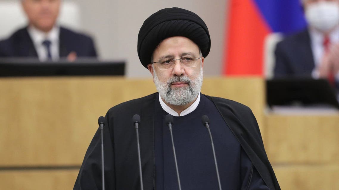 This handout photograph taken and released on January 20, 2022, by the Russian Sate Duma press service, shows Iranian President Ebrahim Raisi delivering a speech at the Russian State Duma in Moscow. (Photo by Handout / Russia's State Duma PR department / AFP) / RESTRICTED TO EDITORIAL USE - MANDATORY CREDIT AFP PHOTO / RUSSIAN SATE DUMA PRESS SERVICE  - NO MARKETING - NO ADVERTISING CAMPAIGNS - DISTRIBUTED AS A SERVICE TO CLIENTS - RESTRICTED TO EDITORIAL USE - MANDATORY CREDIT AFP PHOTO / Russian Sate Duma press service  - NO MARKETING - NO ADVERTISING CAMPAIGNS - DISTRIBUTED AS A SERVICE TO CLIENTS