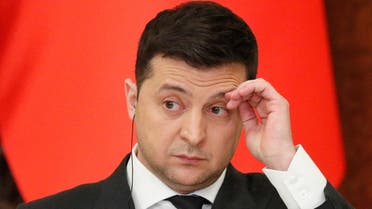 Ukrainian President Volodymyr Zelenskiy attends a news briefing following talks with French President Emmanuel Macron in Kyiv, Ukraine February 8, 2022. REUTERS/Gleb Garanich