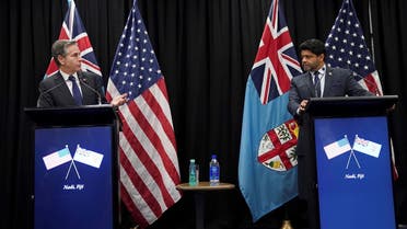 US Secretary of State Antony Blinken (L) takes part in a joint press availability with Fiji’s acting Prime Minister Aiyaz Sayed-Khaiyum in Nadi, Fiji on February 12, 2022. (AFP)