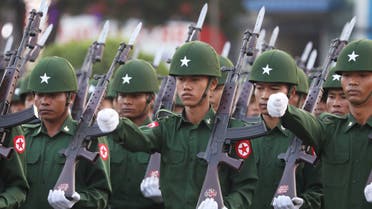 Soldiers march during a Union day celebration in Yangon, Myanmar, February 12, 2020. (Reuters)