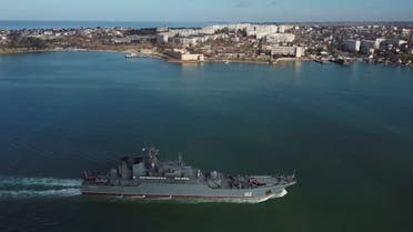 The Russian Navy's Ropucha-class landing ship Kaliningrad arrives at the Black Sea port of Sevastopol, Crimea February 10, 2022, in this still image taken from video. (Reuters)