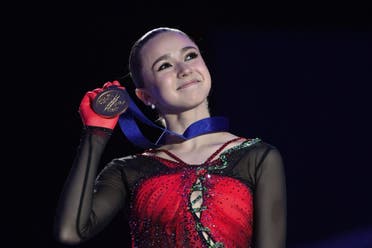 Gold medalist Russia's Kamila Valieva celebrates during the medal ceremony for the women's competition of the European Figure Skating Championship 2022 on January 15, 2022 in Tallinn. (AFP)