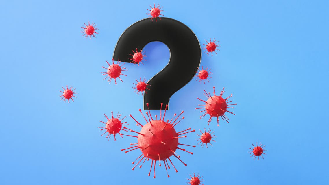 istock stock coronavirus Question mark symbol surrounded by red viruses on blue background, Horizontal composition with copy space. Health and COVID-19 concept