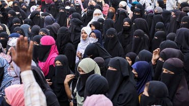 Women wearing hijabs attend a protest against the recent hijab ban in few colleges of Karnataka state, on the outskirts of Mumbai, India, on February 13, 2022. (Reuters)