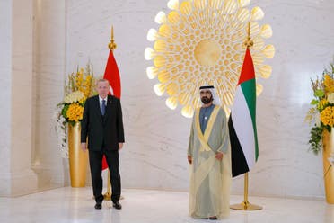 Turkish President Recep Erdogan (left) is received by Dubai Ruler Sheikh Mohamed bin Rashid at Expo 2020 Dubai. (WAM) 