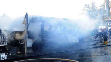 Photo shows the aftermath of a reported bomb blast that killed one in the military bus. (SANA)