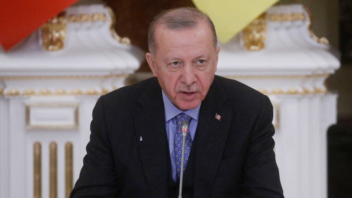 Turkish President Tayyip Erdogan speaks during a joint news conference with Ukrainian President Volodymyr Zelenskiy in Kyiv, Ukraine February 3, 2022. REUTERS/Valentyn Ogirenko