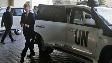 Geir Pedersen, United Nations Special Envoy for Syria, arrives at his hotel after a meeting with the Syrian foreign minister in the capital Damascus, on February 16, 2022. (Photo by LOUAI BESHARA / AFP)